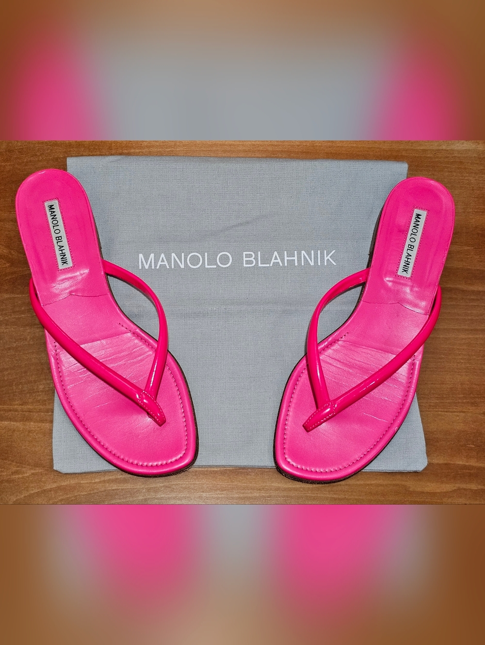 Manolo Blahnik Hot Pink Patent Thong Sandals 😍 Great Condition!